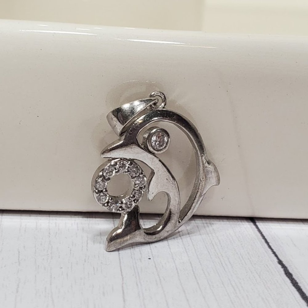 Dolphin Sterling Silver Pendant with CZ 925